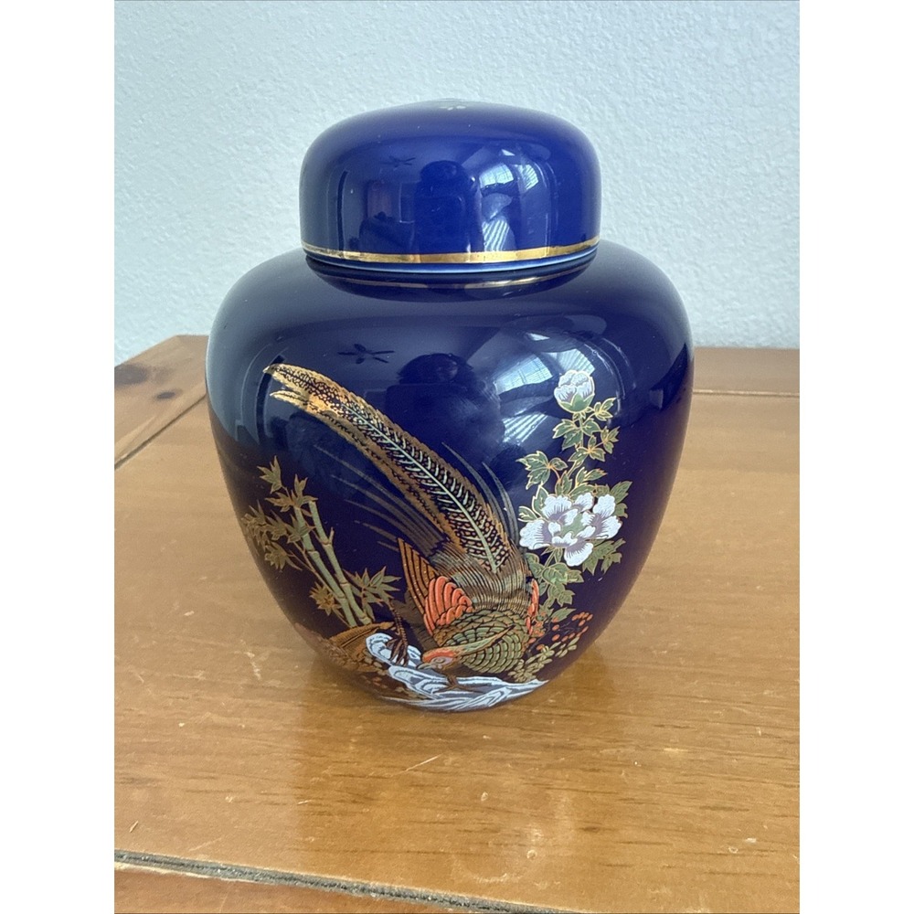 Vintage Asian Cobalt Blue Gold Oriental 5" Ginger Jar Pheasants Floral Bamboo